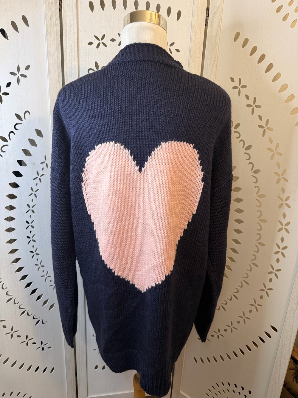 Navy Women's Sweater Cardigan with Pink Heart. NWOT